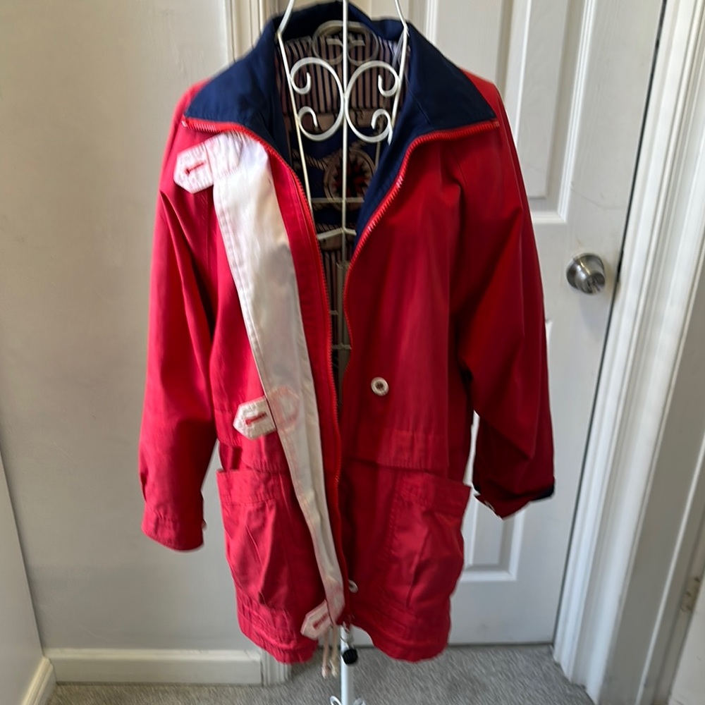 90s Red Raincoat with Navy Collar